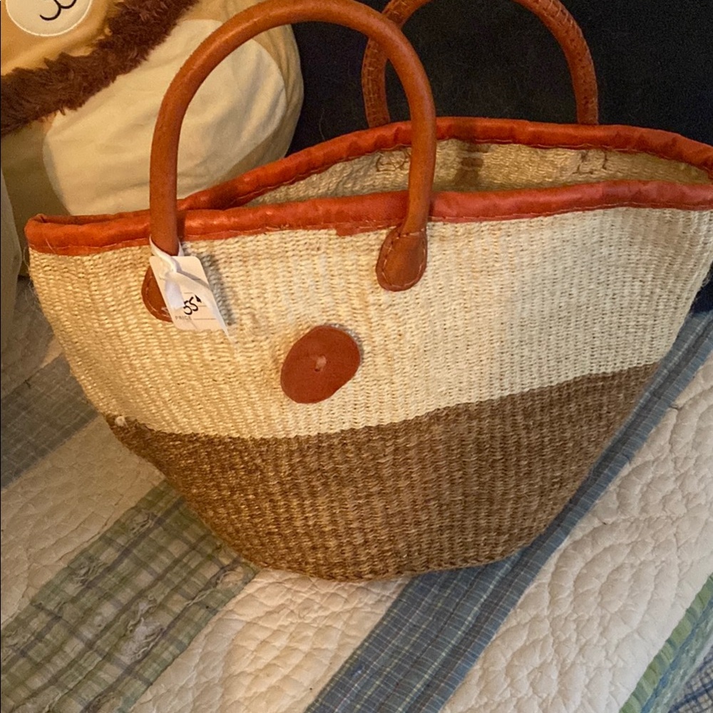 Two-Tone Brown and Cream Woven Tote Bag